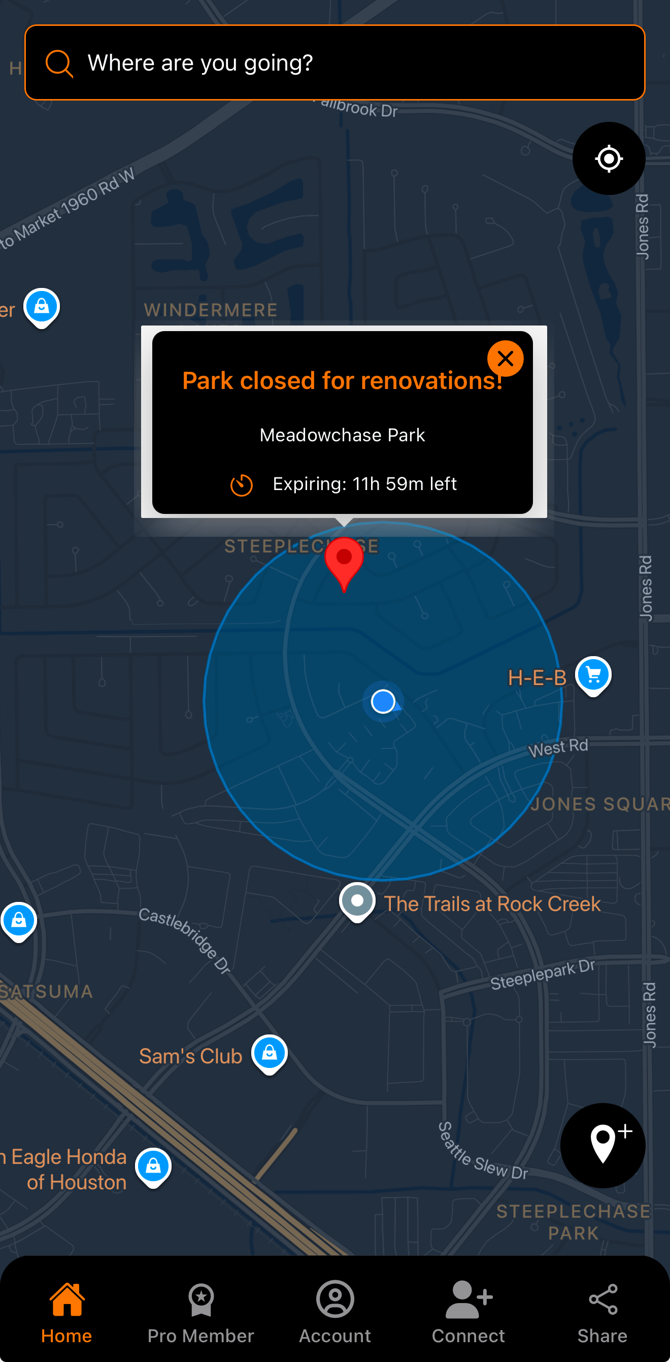 SpotAware app screen showing a map with dropped pins and a location status card